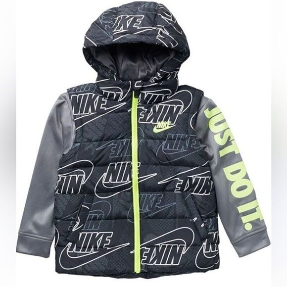 Nike Other - Nike‎ Boys Logo Print Black/Volt Size 4-5 Small Therma Padded Mock Vest Jacket
